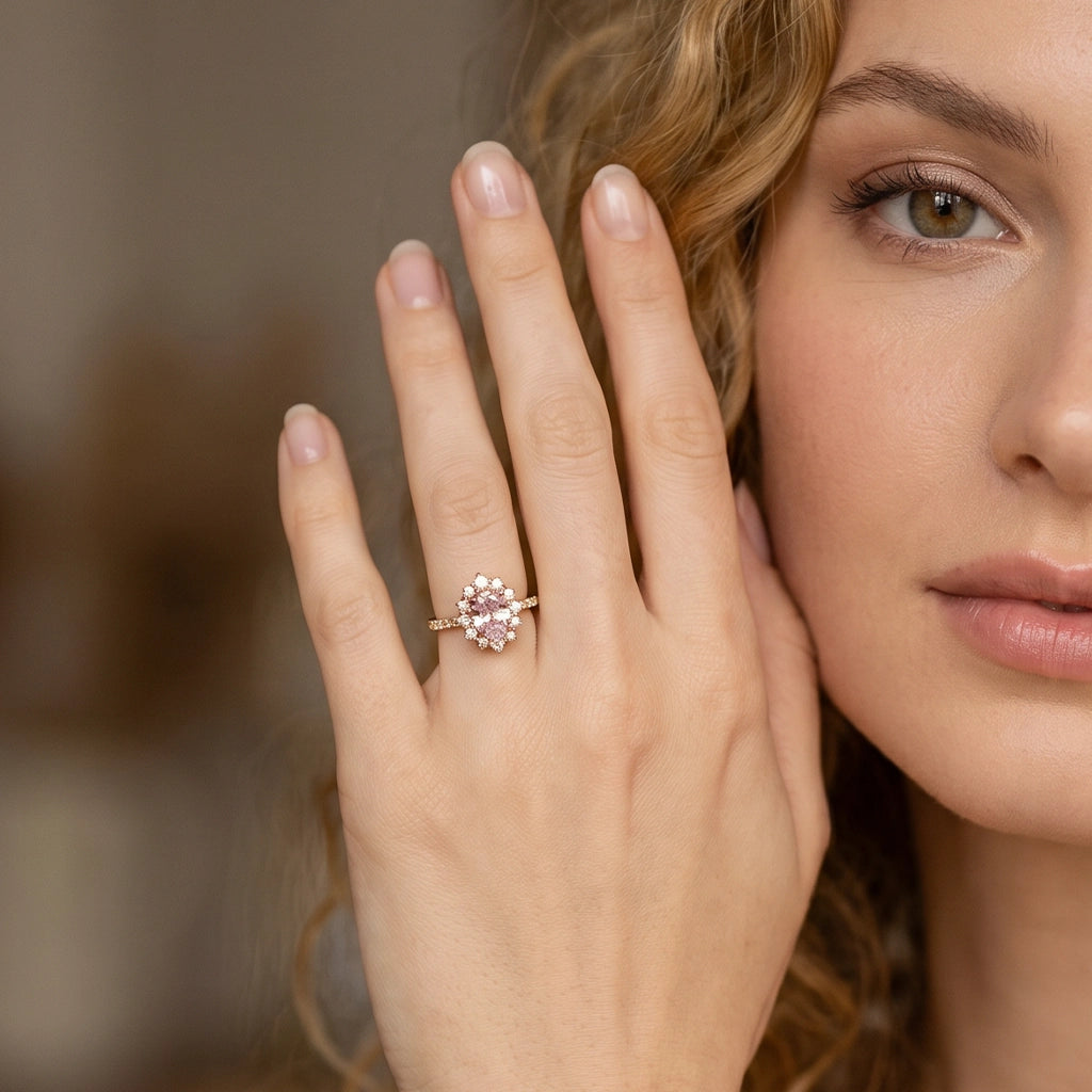 Rosalind’s Blush | Rose Quartz Halo Engagement Ring.
