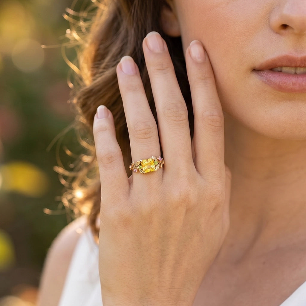 Aurora’s Radiance | Princess Cut Yellow Sapphire Leafy Engagement Ring.