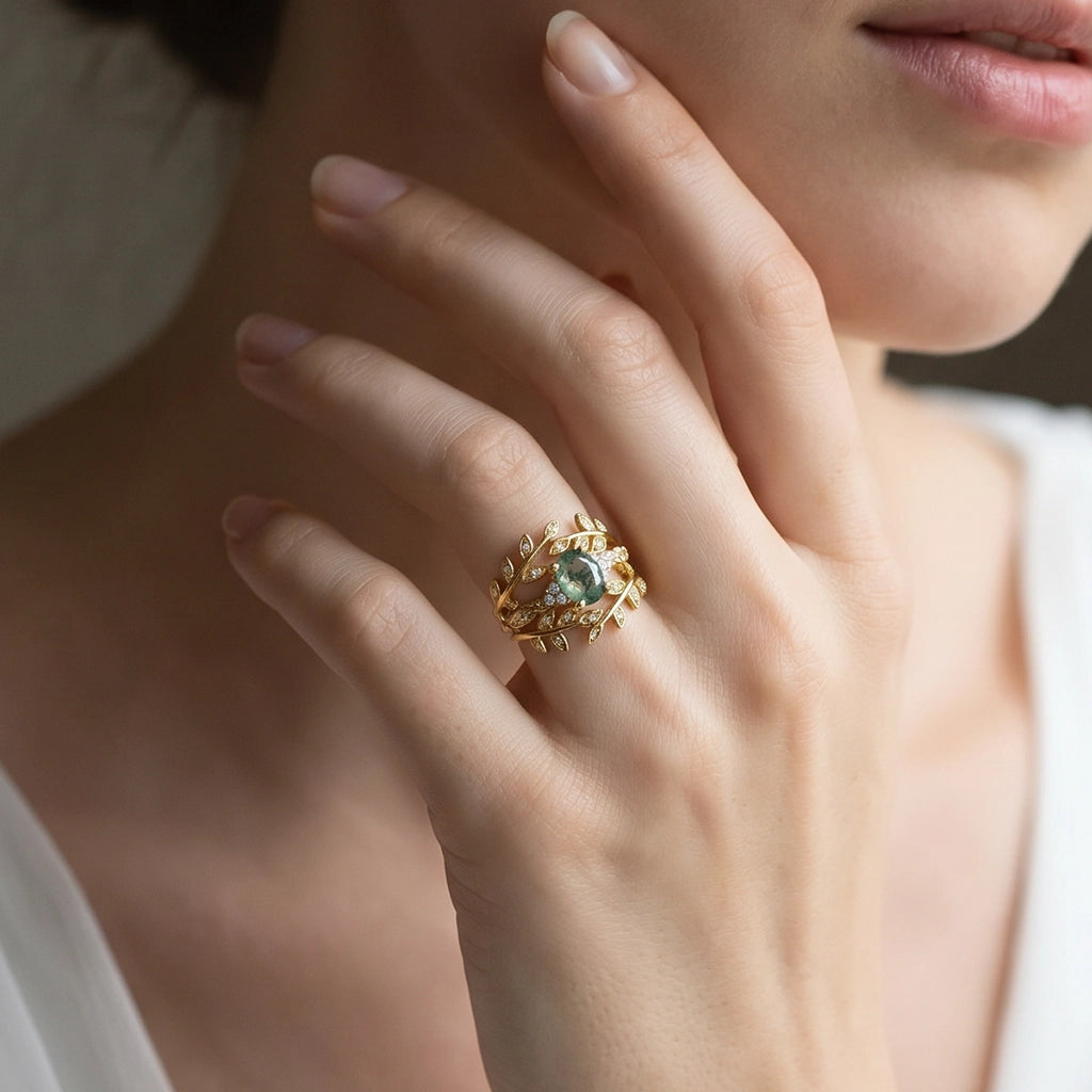 Honorée Moss Agate Leafy Branch Enhancer Ring Set 2pcs.