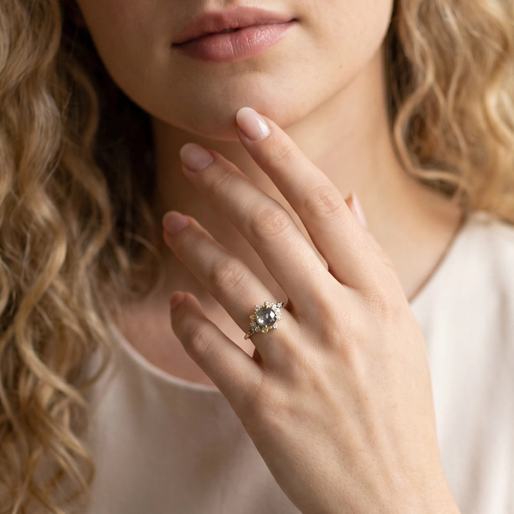 Juliet’s Jubilee | Vintage Sunflower Salt & Pepper Diamond Gold Engagement Ring.