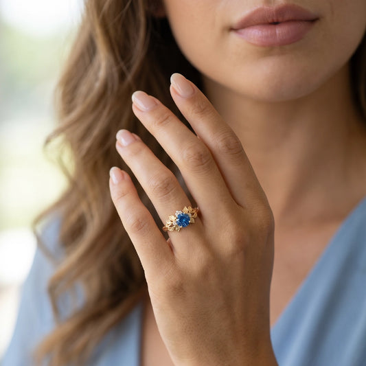 Valentina’s Blossom | Blue Sapphire Antique Floral Halo Ring.