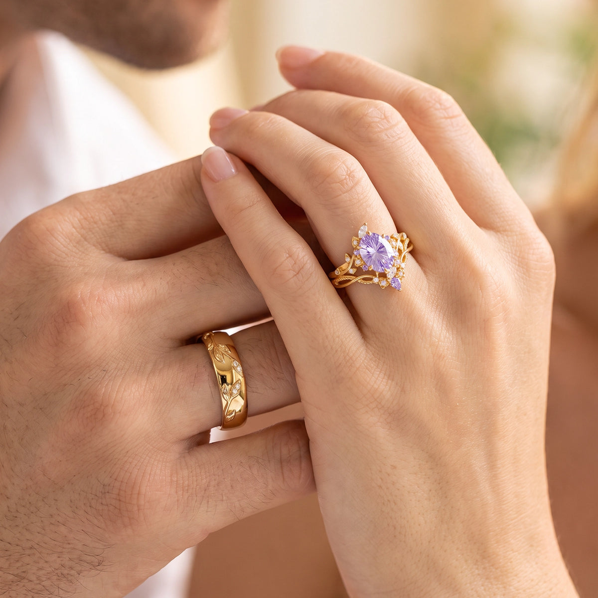 Celine‘s Aquarelle | Firework Cut Lavender Sapphire Chevron & Moissanite Leaf Couple Trio