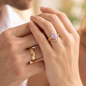 Celine‘s Aquarelle | Firework Cut Lavender Sapphire Chevron & Moissanite Leaf Couple Trio