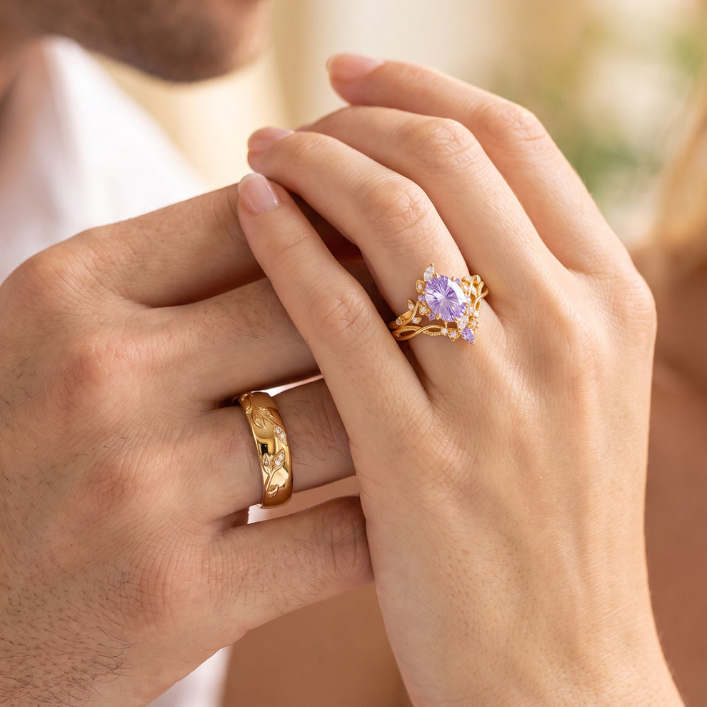 Celine‘s Aquarelle | Firework Cut Lavender Sapphire Chevron & Moissanite Leaf Couple Trio