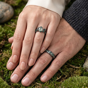 Evergreen Vows | Oval Moss Agate Leaf Veil Black Gold Couple Set 3pcs