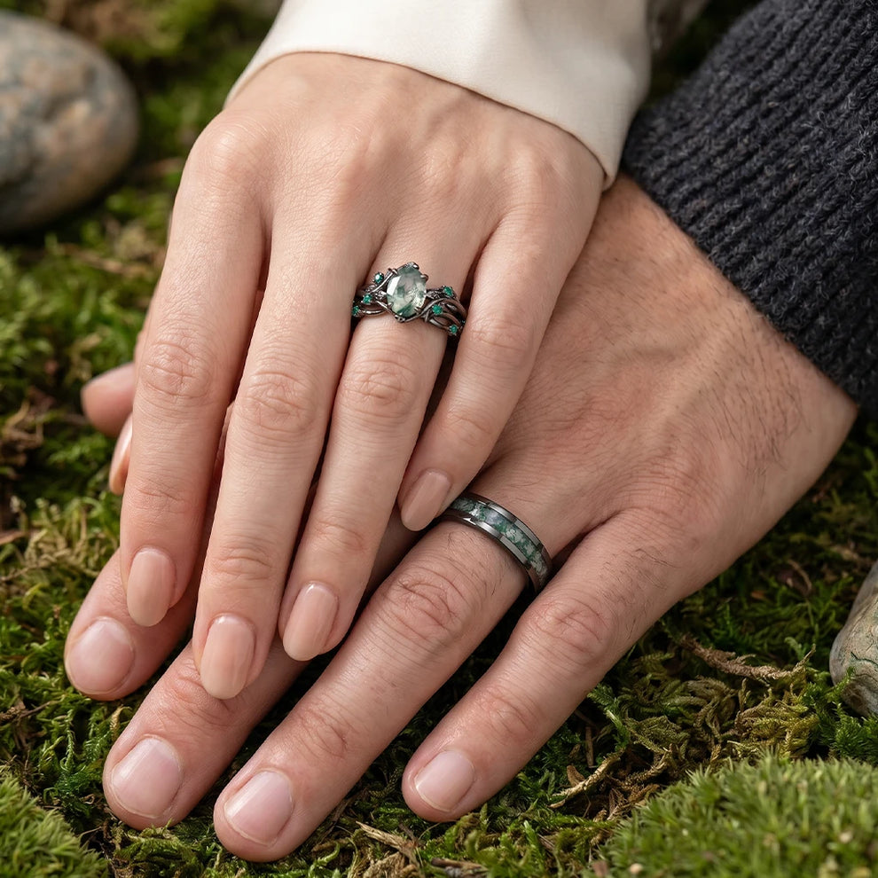 Evergreen Vows | Oval Moss Agate Leaf Veil Black Gold Couple Set 3pcs