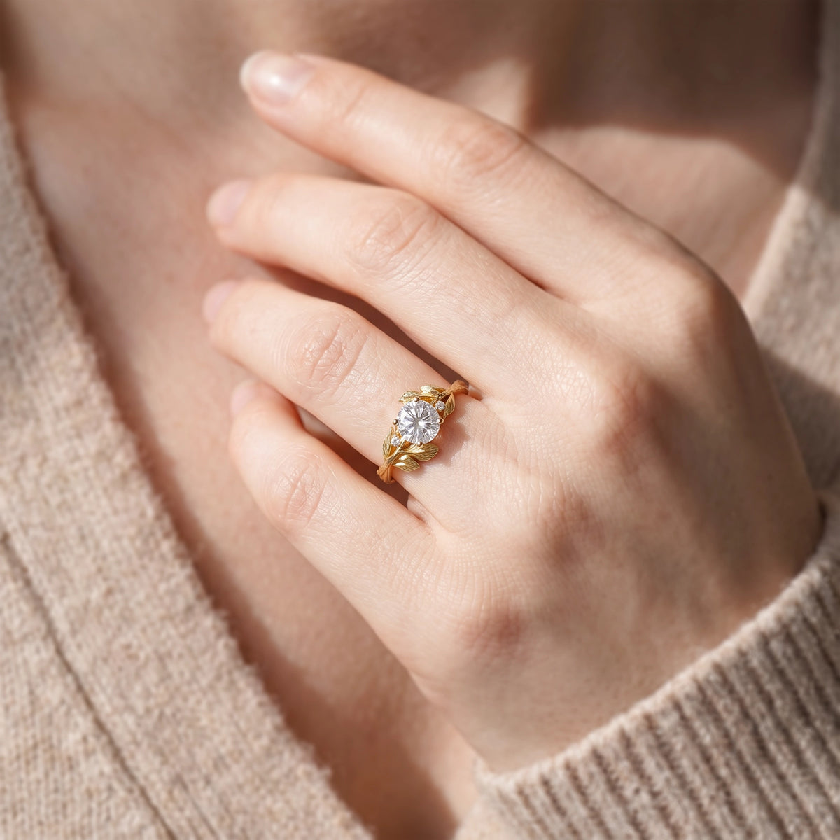 Daphne’s Dawn | Round Fantasy-Cut White Sapphire Foliage Engagement Ring