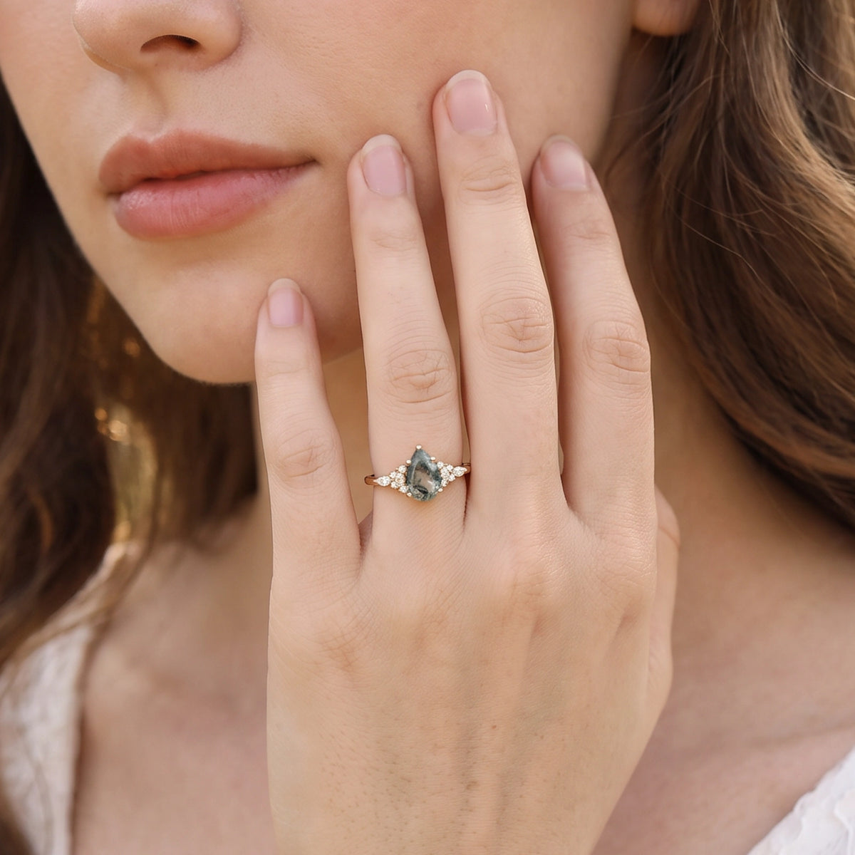 Sylvie’s Dew | Vintage Pear Moss Agate Cluster Engagement Ring