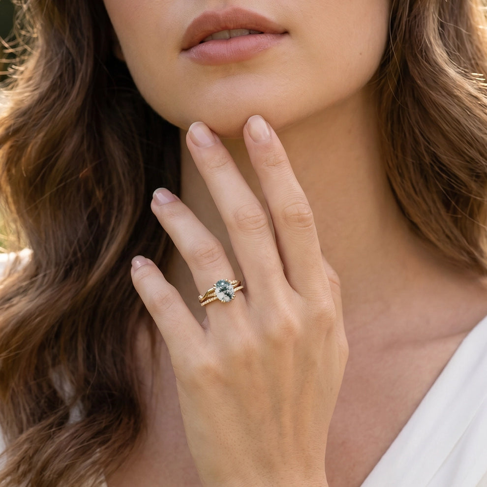 Ariadne’s Merge | 2CT Oval Moss Agate Bridal Set 2pcs.