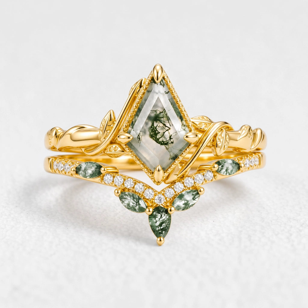 Flora’s Lark Trio | Kite Cut Moss Agate Leafy Couple Ring Set 3pcs