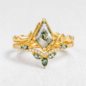Flora’s Lark Trio | Kite Cut Moss Agate Leafy Couple Ring Set 3pcs