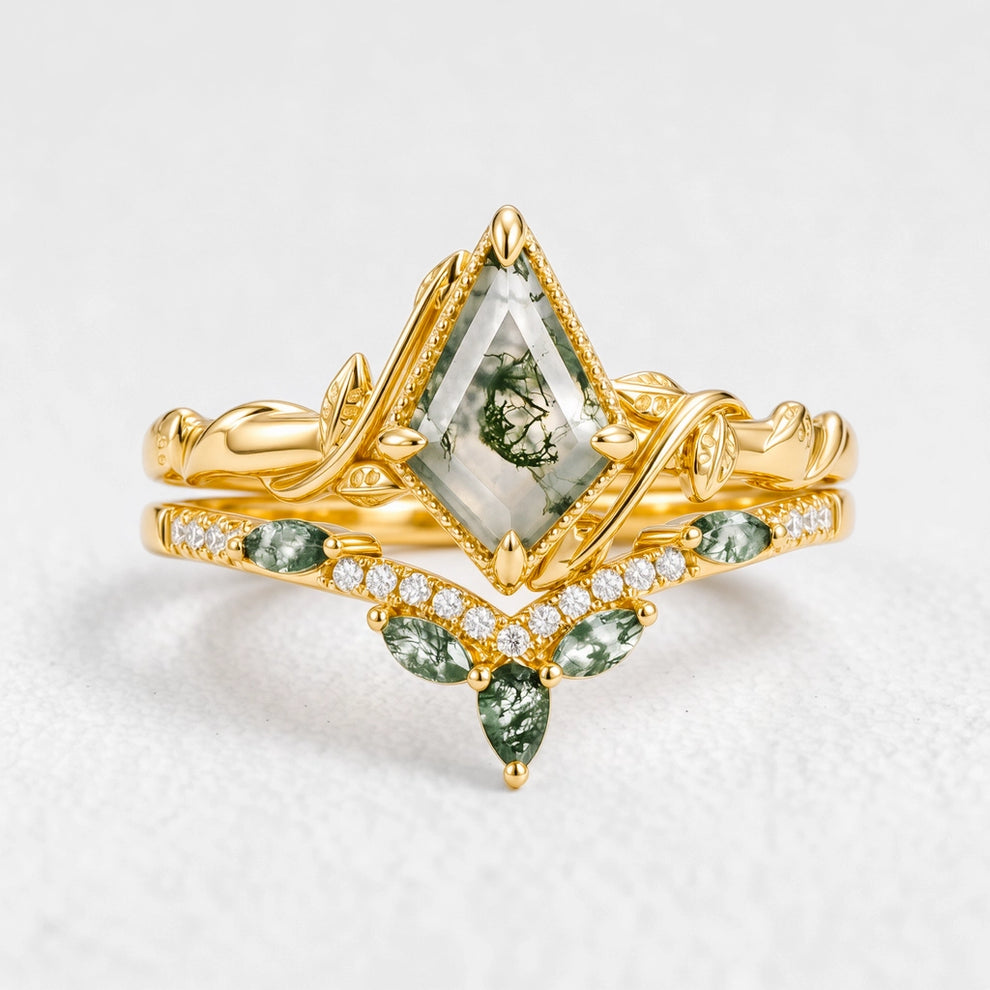Flora’s Lark Trio | Kite Cut Moss Agate Leafy Couple Ring Set 3pcs
