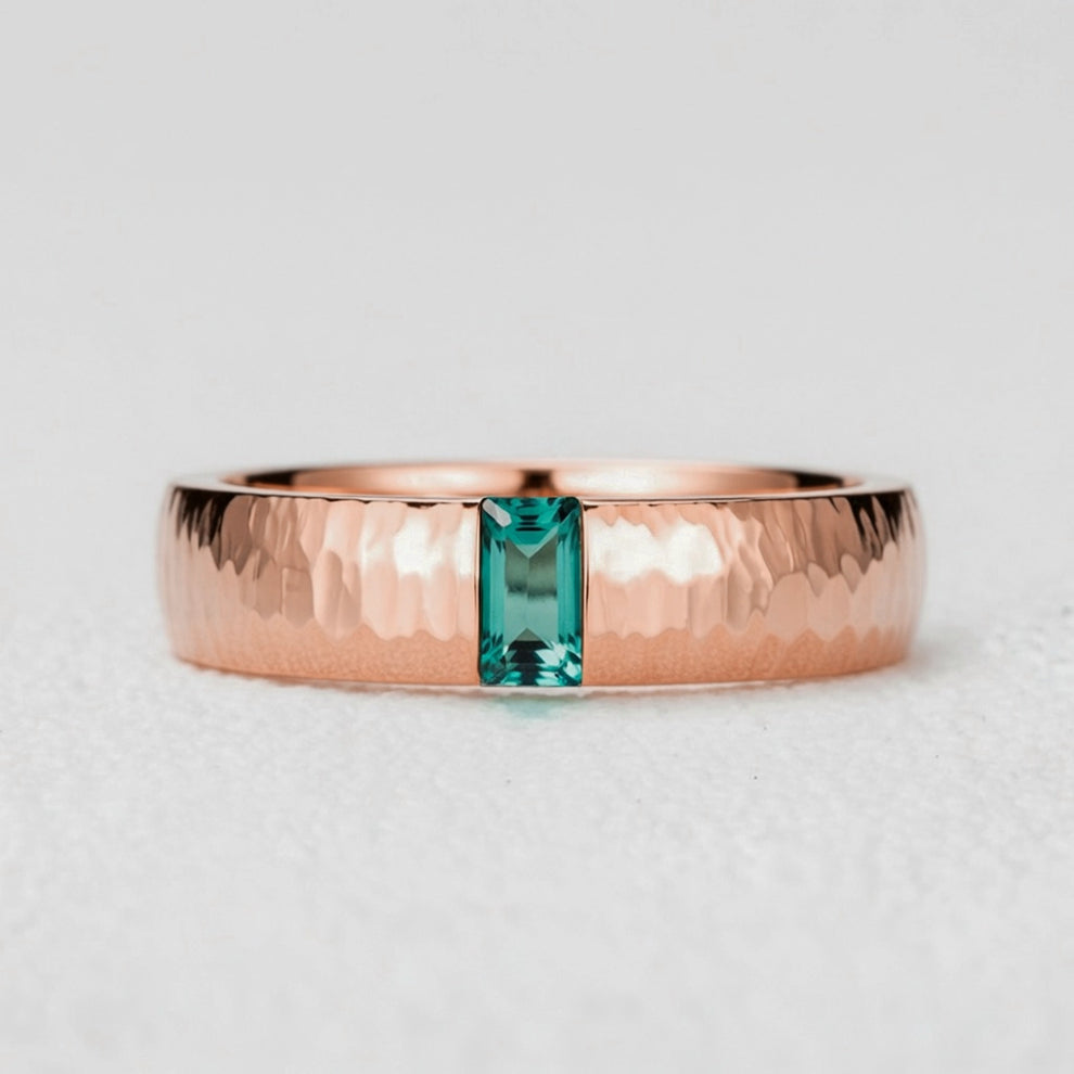 The Retro Keystone | 5MM Hammered Emerald Men's Wedding Band.