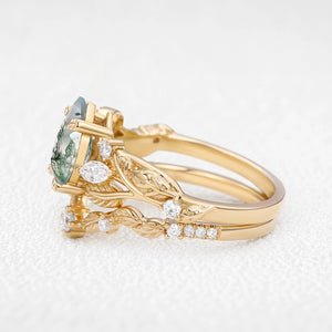 Rosalind’s Heirloom | Pear Cut Moss Agate Leafy Vintage Bridal Set 2pcs