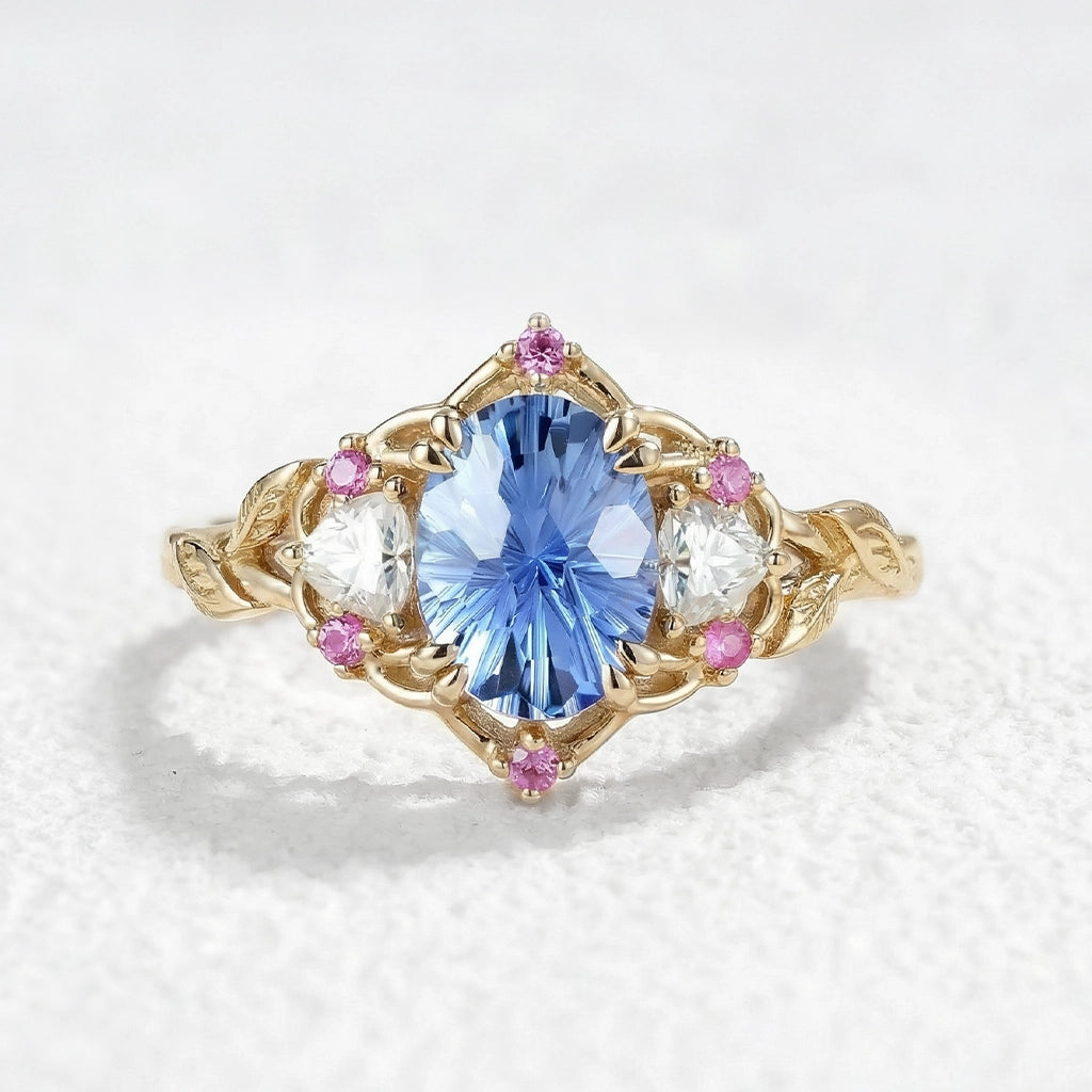 Audrey Three-Stone Sparkle Cut Sapphire Engagement Ring.