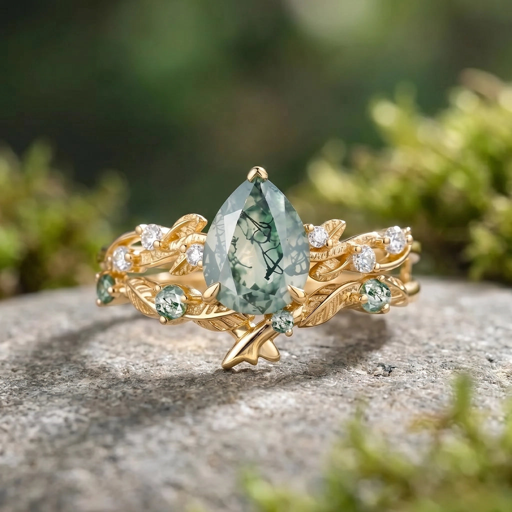 Clarissa’s Frond | Pear Cut Moss Agate Leafy Bridal Set 2pcs.