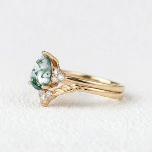 Mirabel’s Idyll | Unique Moss Agate Leaf Engagement Ring Set 2pcs.