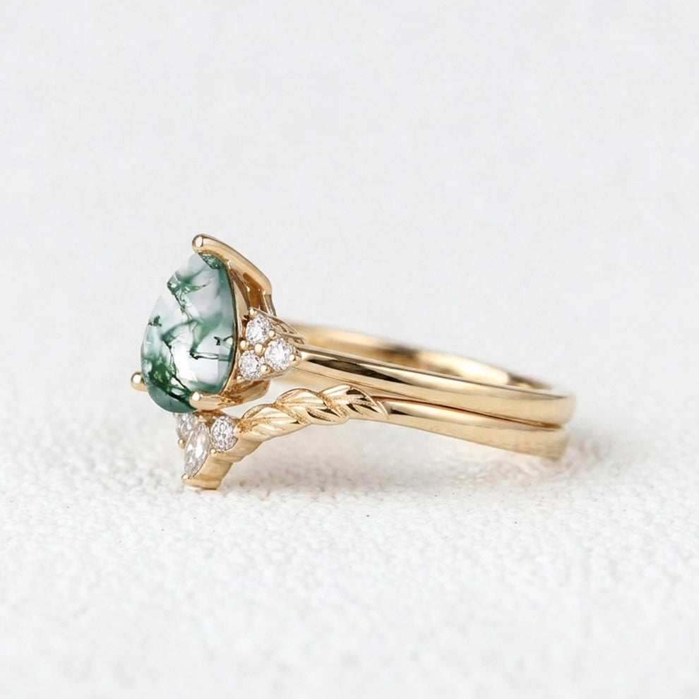 Mirabel’s Idyll | Unique Moss Agate Leaf Engagement Ring Set 2pcs.