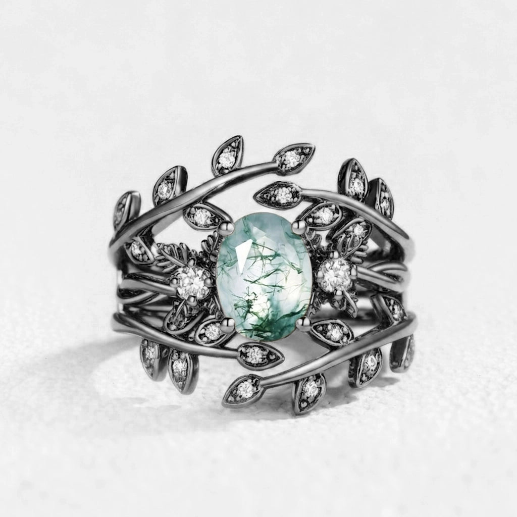 Léonie Oval Cut Moss Agate Leafy Enhancer Ring Set 2pcs.
