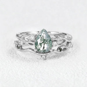 Camellia Pear Cut Moss Agate Branch Leafy Bridal Set 2pcs.