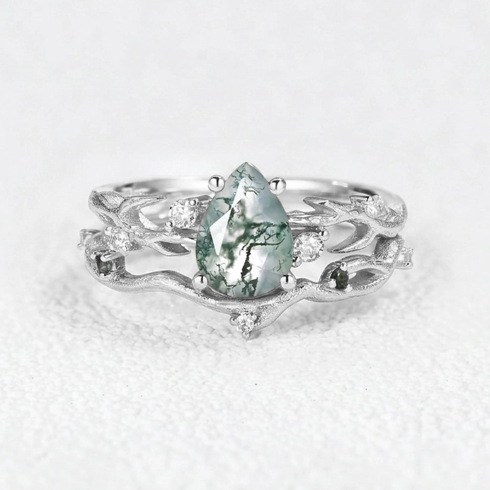 Camellia Pear Cut Moss Agate Branch Leafy Bridal Set 2pcs.