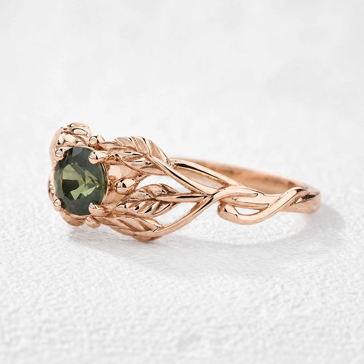 Scarlett’s Laurel | Round Red Sapphire Solitaire with Laurel Leaves Engagement Ring.