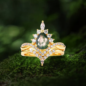 Pear Stack Moss Agate Leaf Engagement Ring