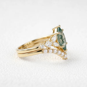Diana’s Whisper | Marquise Moss Agate & Pearl Chevron Bridal Duo