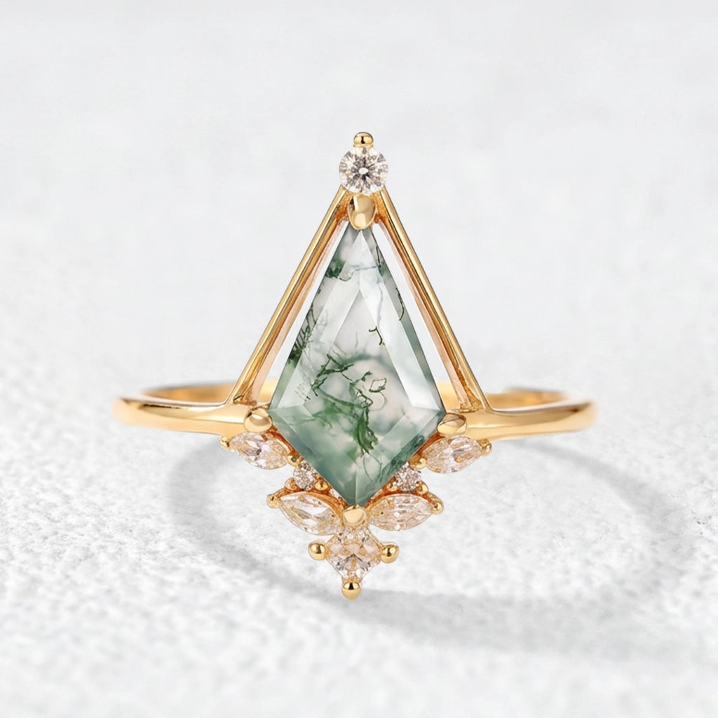 Unique Kite Cut Moss Agate Engagement Ring.