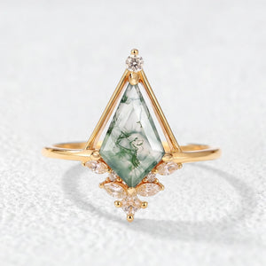 Unique Kite Cut Moss Agate Engagement Ring.