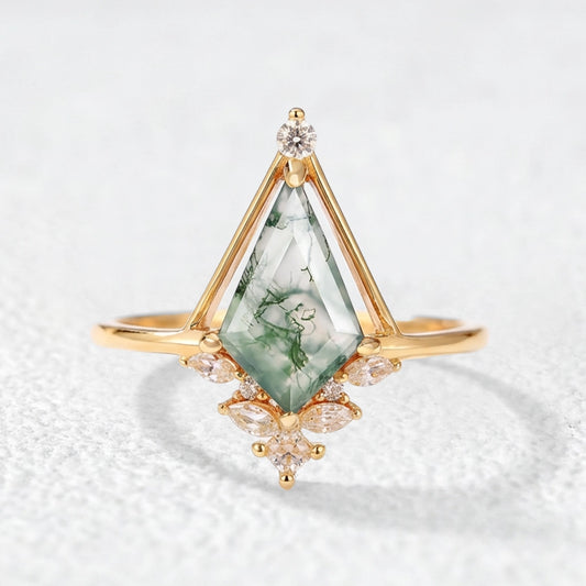 Unique Kite Cut Moss Agate Engagement Ring.