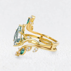 Sylvie’s Enclave | Kite Cut Moss Agate & Emerald Cage Leafy Bridal Set 2pcs