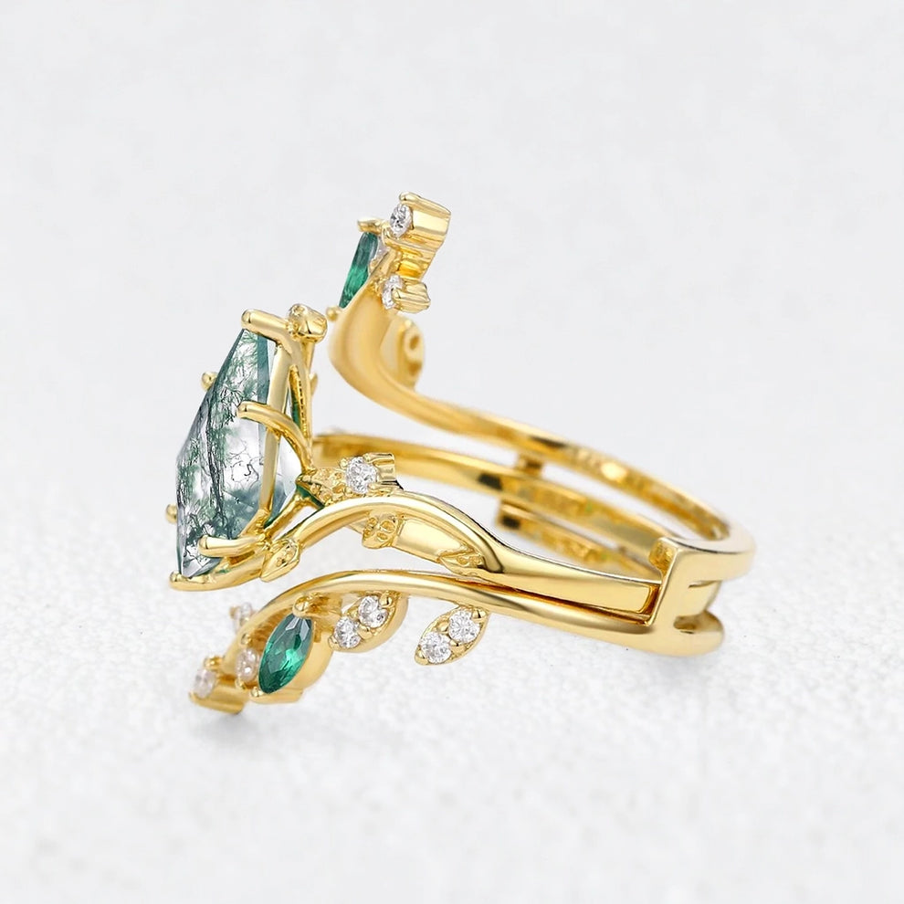 Sylvie’s Enclave | Kite Cut Moss Agate & Emerald Cage Leafy Bridal Set 2pcs
