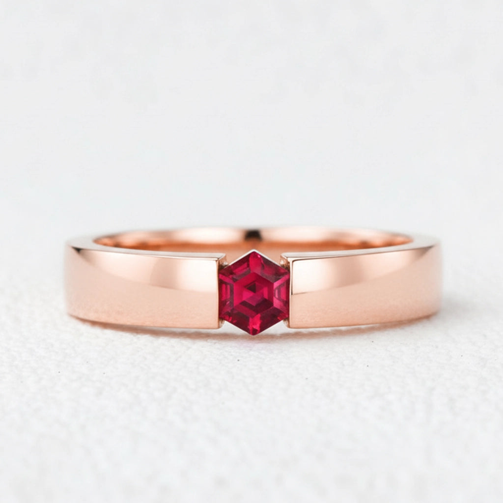 Ruben’s Hexagon | Ruby Tension Set Men's Wedding Band.