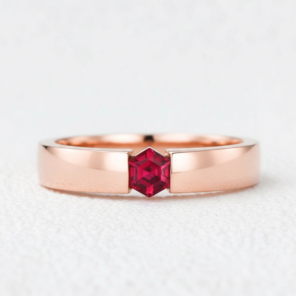 Ruben’s Hexagon | Ruby Tension Set Men's Wedding Band.