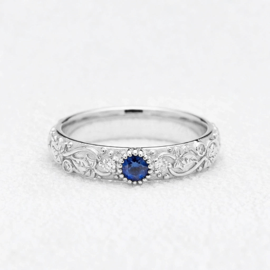 Ivy’s Cove | Blue Sapphire & Diamond Ivy Leaf Wedding Band.