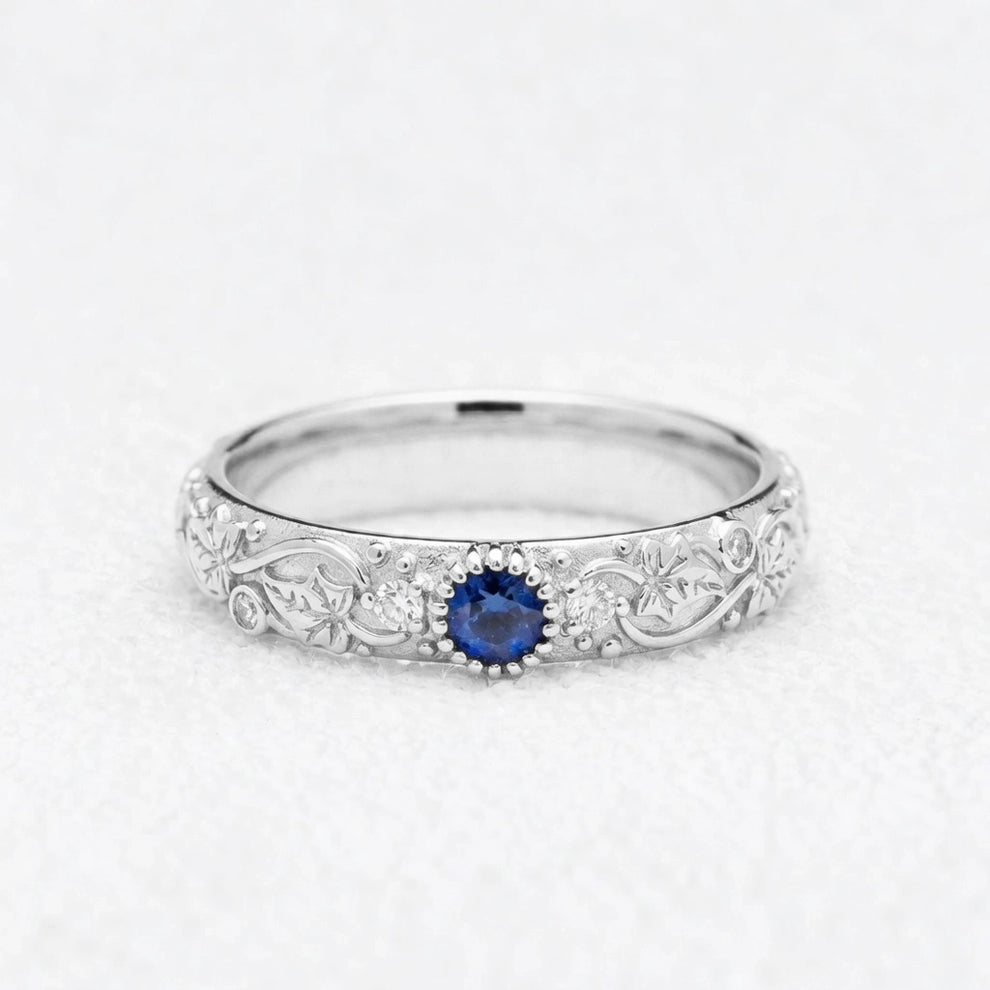 Ivy’s Cove | Blue Sapphire & Diamond Ivy Leaf Wedding Band.