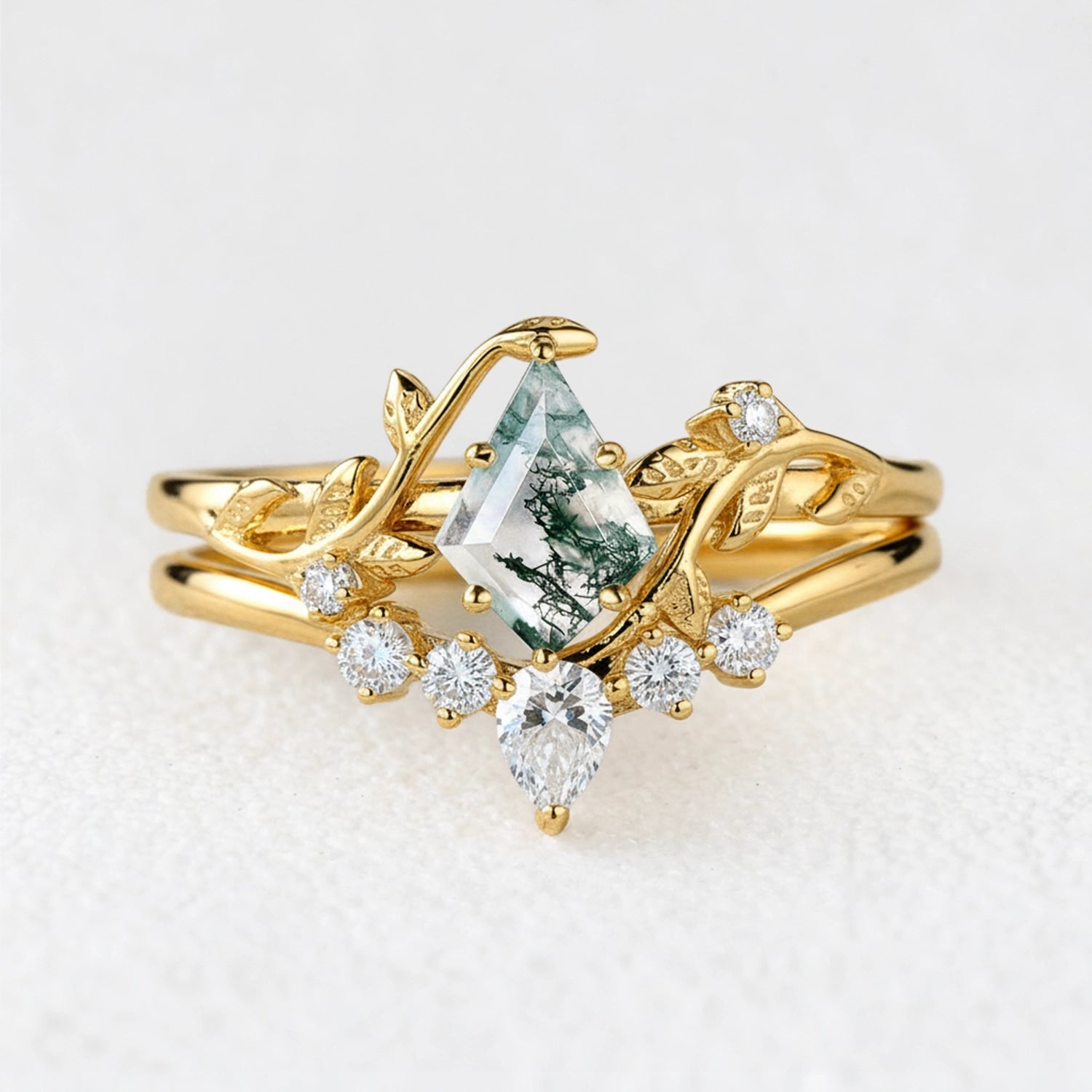 Genevieve’s Solace | Kite Cut Moss Agate Foliage Couple Ring Set 3pcs