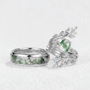 Sylvie’s Blackwood | Black Gold & Oval Moss Agate Couple Ring Set 3pcs.