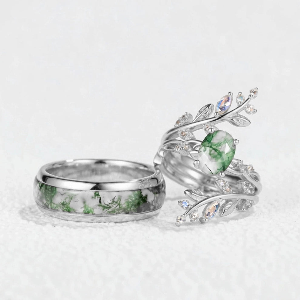 Sylvie’s Blackwood | Black Gold & Oval Moss Agate Couple Ring Set 3pcs.