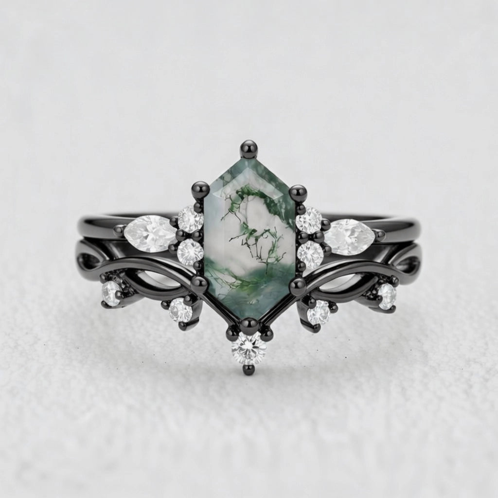 Maia’s Glade | Long Hexagon Moss Agate Leafy Couple Ring Set 3pcs.