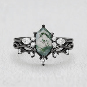 Maia’s Glade | Long Hexagon Moss Agate Leafy Couple Ring Set 3pcs.