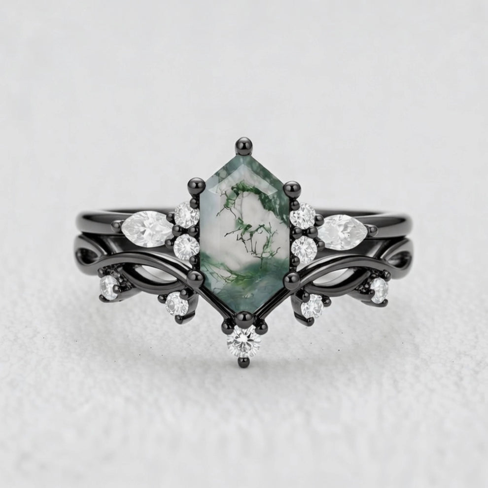 Maia’s Glade | Long Hexagon Moss Agate Leafy Couple Ring Set 3pcs.