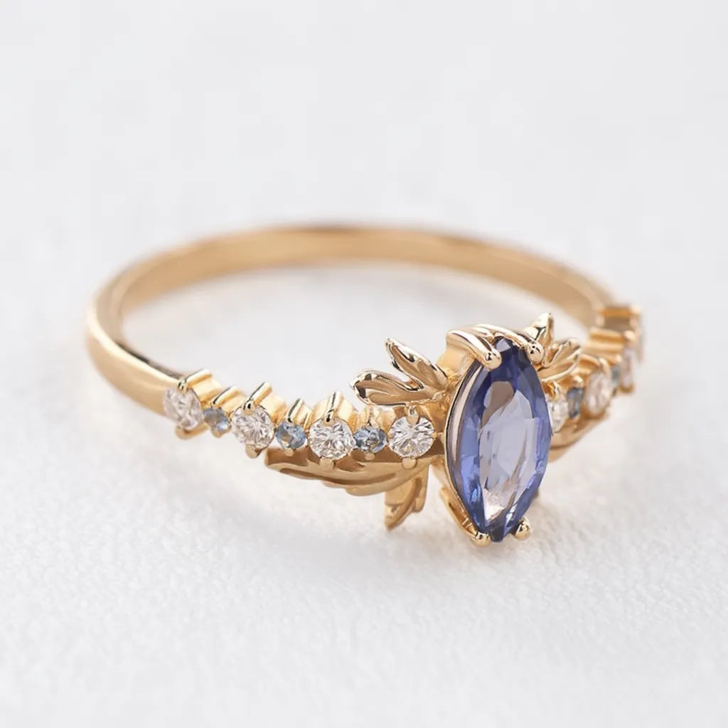 Aurora’s Fairy Wing | Marquise Natural Sapphire Vintage Bridal Set 2pcs.