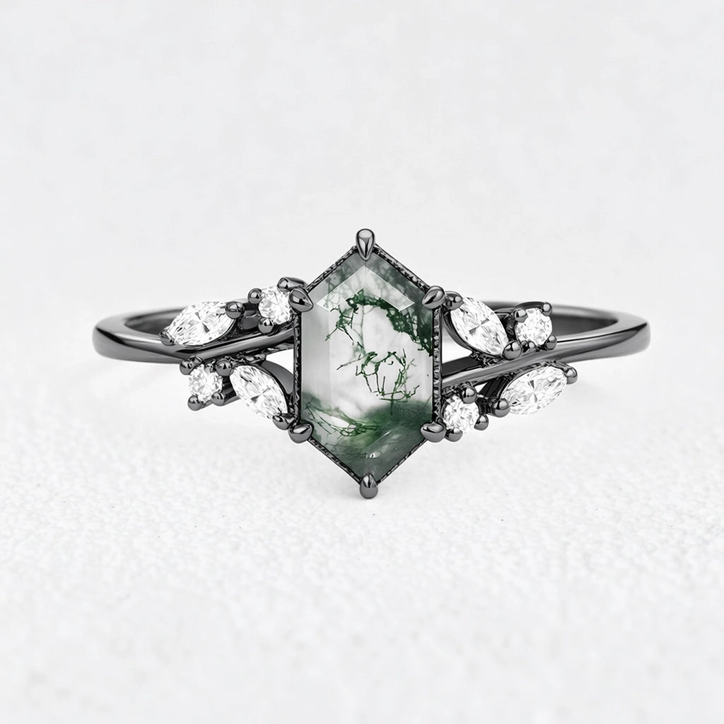 Genevieve’s Grove | Vintage Hexagon Moss Agate Engagement Ring
