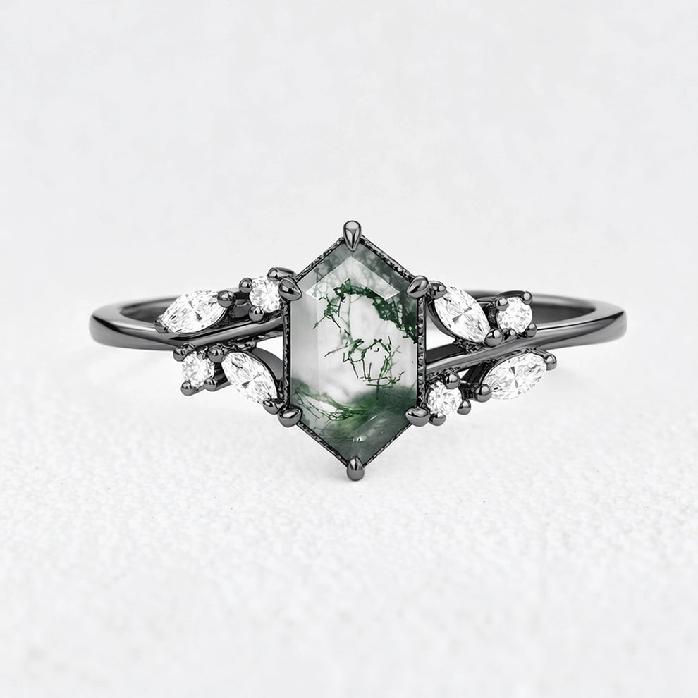 Genevieve’s Grove | Vintage Hexagon Moss Agate Engagement Ring