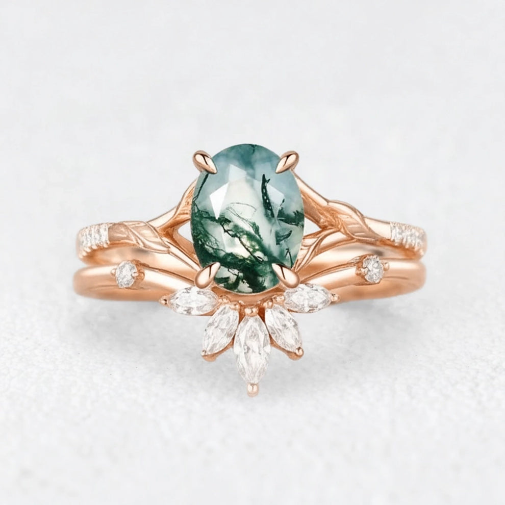 Zinnia’s Meadow | Oval Cut Moss Agate Leafy Gold Couple Ring Set 3pcs.