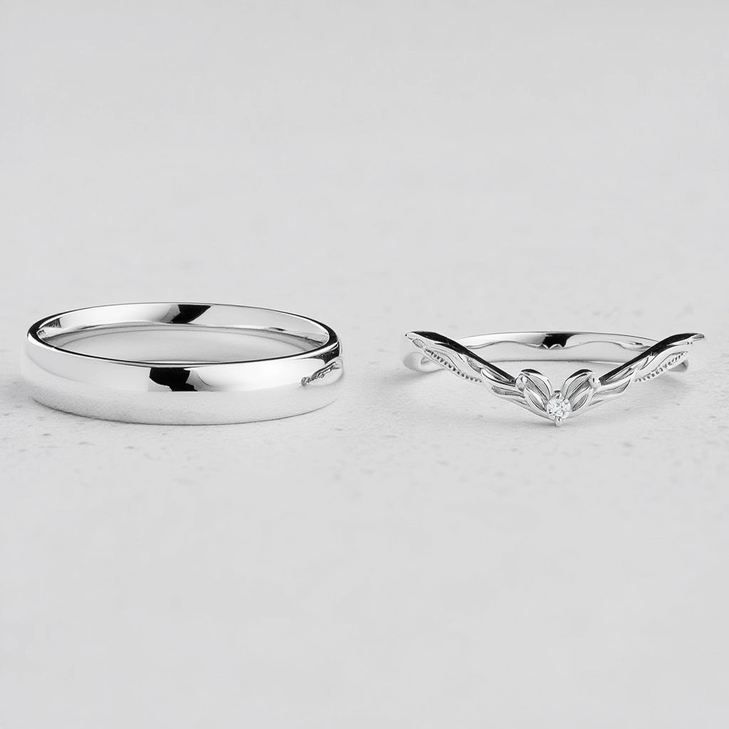 Harmony Duet | Curved Diamond & Classic Band Couple Wedding Set.