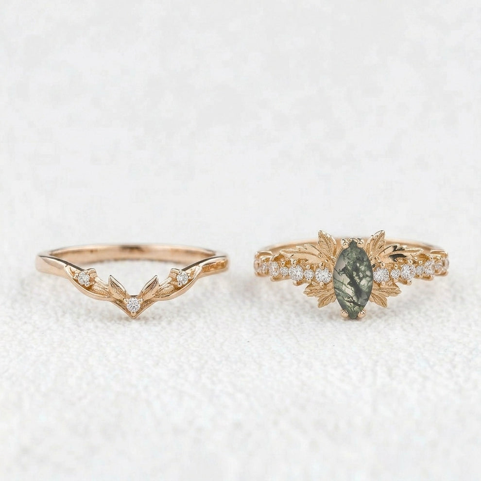Aurora’s Moss Wing | Marquise Moss Agate Vintage Bridal Set 2pcs.