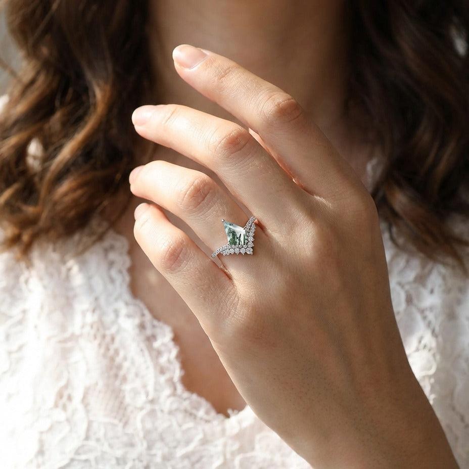 Celestine’s Chevron | Kite Cut Moss Agate Cluster Engagement Ring with V‑Shaped Diamond Band.